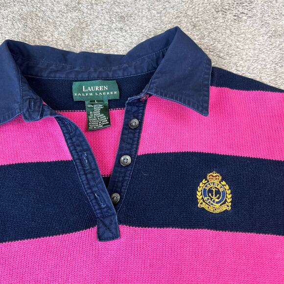 Lauren Ralph Lauren Pink Navy Blue Striped Collared V-Neck Sweater (Sz L) - Picture 13 of 14